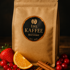 Vorderseite eines kraftpapierfarbenen Kaffeebechers von Edel Kaffee Röstwerke mit rundem schwarzem Logo „Est. 2025“, umgeben von Erdbeeren, Orangenscheiben, Zimtstangen, Hibiskusblüten und roten Johannisbeeren – stilvoll arrangiert auf dunklem Holz in lebendigem Licht.