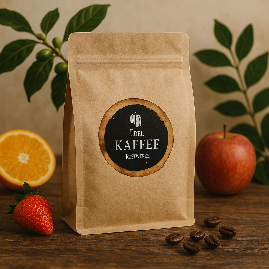 Edel Kaffee Röstwerke Kraft Kaffee Packung von vorne mit den Früchte daneben.