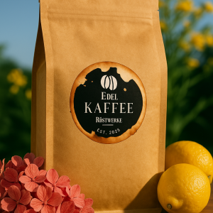 Bio-Kaffee in braunem Kraftpapierbeutel mit Edel Kaffee Röstwerke Logo, umgeben von rosa Hortensien und Zitronen – perfekte Präsentation für floral-zitrische Geschmacksnoten.