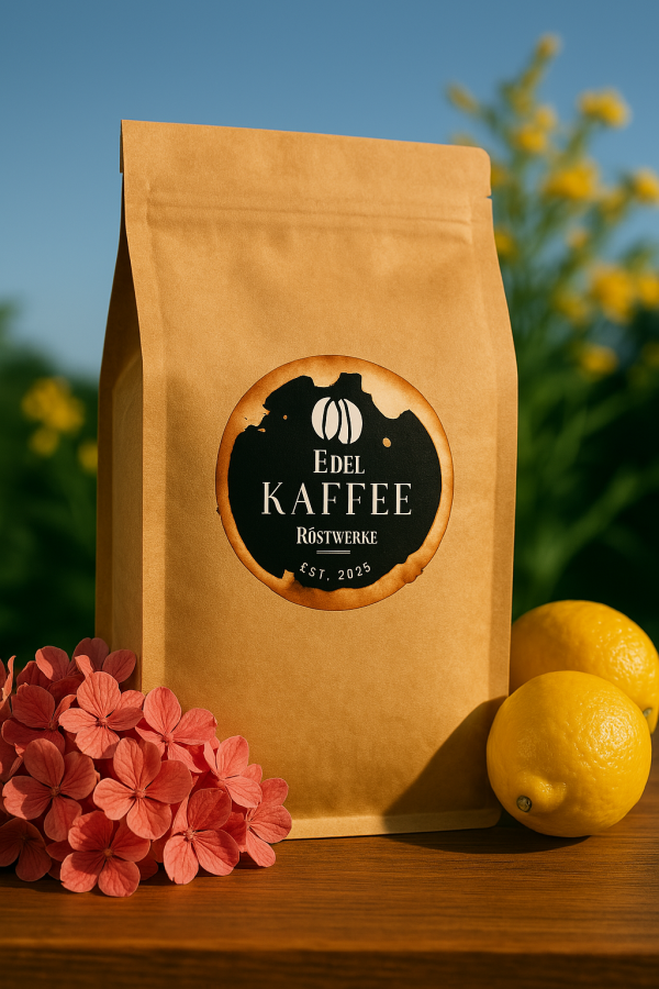 Bio-Kaffee in braunem Kraftpapierbeutel mit Edel Kaffee Röstwerke Logo, umgeben von rosa Hortensien und Zitronen – perfekte Präsentation für floral-zitrische Geschmacksnoten.