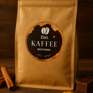 Stehender Kaffeebeutel aus Kraftpapier von Edel Kaffee Röstwerke mit rundem Logo in Schwarz und Braun sowie zwei Kaffeebohnen. Umgeben von Zimtstangen, braunem Zucker und dunkler Schokolade auf einer rustikalen Holzoberfläche, stimmungsvoll beleuchtet.