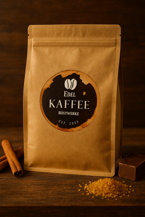 Stehender Kaffeebeutel aus Kraftpapier von Edel Kaffee Röstwerke mit rundem Logo in Schwarz und Braun sowie zwei Kaffeebohnen. Umgeben von Zimtstangen, braunem Zucker und dunkler Schokolade auf einer rustikalen Holzoberfläche, stimmungsvoll beleuchtet.