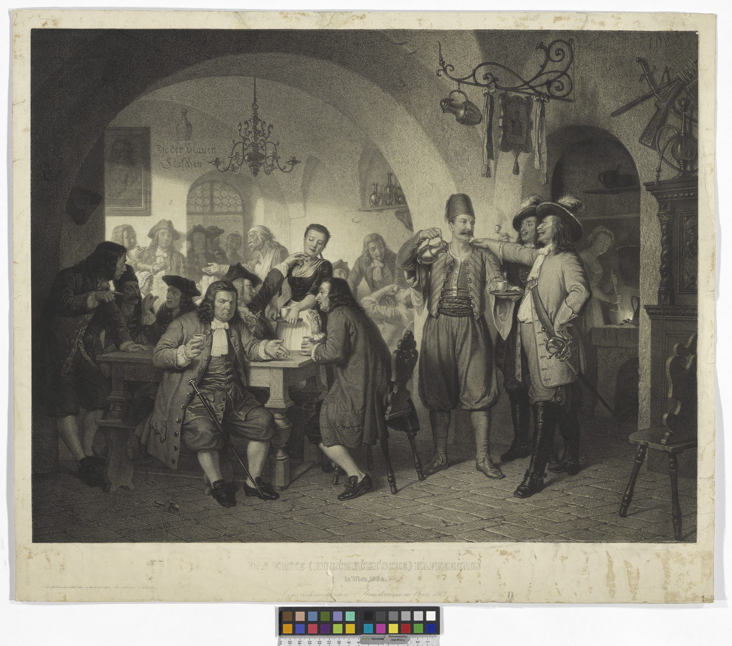 "Das erste (Kulćzyčki'sche) Kaffeehaus in Wien, 1684 / Vom oesterreichischen Kunstvereine in Wien, 1862" - Darstellung des vermeintlich "ersten", der Legende nach von Georg Franz Kolschitzky betriebenen Wiener Kaffeehauses ("Zur blauen Flasche")