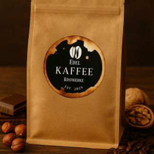 A kraft paper coffee bag from Edel Kaffee Röstwerke stands upright on a rustic wooden surface. The circular logo on the bag features two white coffee beans above the word "Edel", with "KAFFEE" prominently displayed in the center, "Röstwerke" below it, and "Est. 2025" at the bottom. Surrounding the bag are elements that reflect the coffee’s flavor profile: whole hazelnuts, a piece of dark chocolate, coffee beans, and a cracked walnut. The scene is warmly lit, highlighting the rich textures and earthy tones.