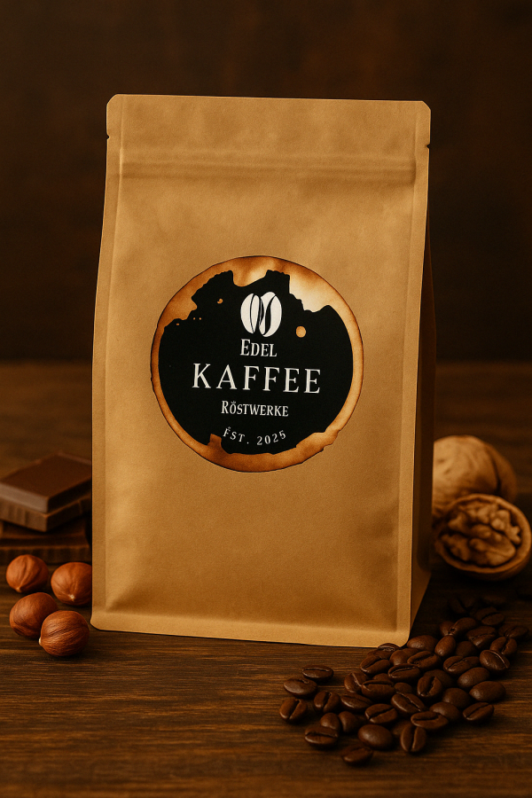 A kraft paper coffee bag from Edel Kaffee Röstwerke stands upright on a rustic wooden surface. The circular logo on the bag features two white coffee beans above the word "Edel", with "KAFFEE" prominently displayed in the center, "Röstwerke" below it, and "Est. 2025" at the bottom. Surrounding the bag are elements that reflect the coffee’s flavor profile: whole hazelnuts, a piece of dark chocolate, coffee beans, and a cracked walnut. The scene is warmly lit, highlighting the rich textures and earthy tones.