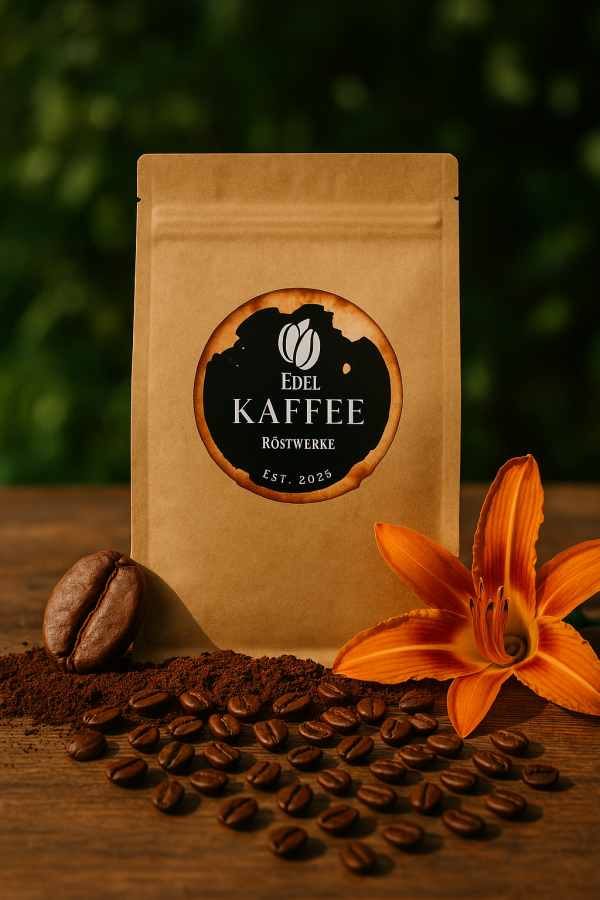 Ein brauner Kaffeebeutel aus Kraftpapier von Edel Kaffee Röstwerke steht aufrecht auf einer rustikalen Holzoberfläche. Das runde Logo mit zwei Kaffeebohnen über dem Schriftzug ‚Edel‘, darunter ‚KAFFEE‘, ‚Röstwerke‘ und ‚Est. 2025‘, ist mittig auf dem Beutel platziert. Umgeben ist der Beutel von Kaffeebohnen, Kaffeepulver, einer großen gerösteten Bohne und einer orangefarbenen Blume – symbolisch für die belebenden, floralen und kräftigen Noten des Sidamo Bio Espresso. Im Hintergrund: grüne Natur, warmes, lebendiges Licht.