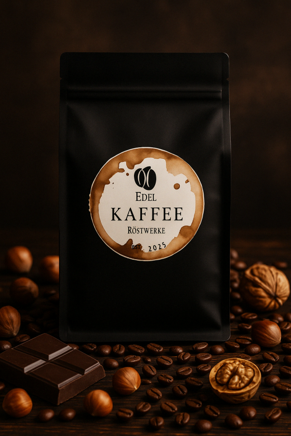 Mattschwarze Kaffeeverpackung von Edel Kaffee Röstwerke steht auf einer dunklen Holzoberfläche. Auf der Verpackung befindet sich ein rundes Etikett mit weißem Hintergrund und braunem Kaffeefleckrand, das das Logo „Edel Kaffee Röstwerke – Est. 2025“ zeigt. Um den Beutel herum sind Kaffeebohnen, Haselnüsse, Walnüsse und dunkle Schokolade arrangiert. Die Szene ist in warmes, weiches Licht getaucht und strahlt eine hochwertige, gemütliche Atmosphäre aus.