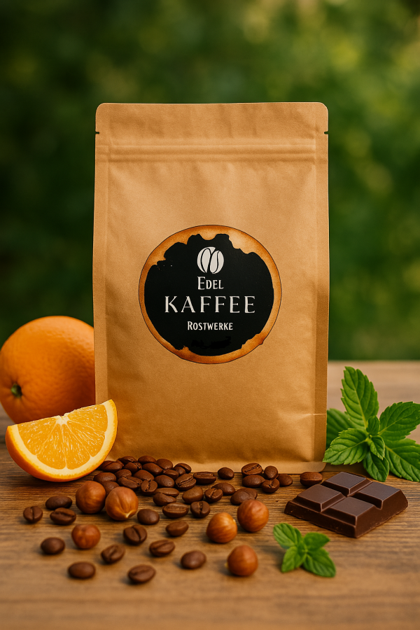 Ein brauner Kaffeebeutel aus Kraftpapier von Edel Kaffee Röstwerke steht aufrecht auf einer Holzoberfläche. Das runde Logo mit zwei Kaffeebohnen, dem Schriftzug ‚Edel KAFFEE Röstwerke‘ und ‚Est. 2025‘ ist mittig platziert. Um den Beutel herum liegen geröstete Kaffeebohnen, Haselnüsse, ein Stück dunkle Schokolade, frische Minzblätter sowie eine aufgeschnittene Orange – symbolisch für das ausgewogene Geschmacksprofil aus nussigen Aromen, angenehmer Süße, Orangenzeste und lebendiger Fruchtigkeit. Der Hintergrund ist natürlich und leicht verschwommen.