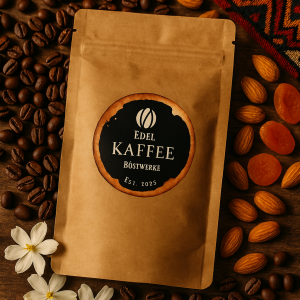 Kraftpapier-Kaffeebeutel von Edel Kaffee Röstwerke mit schwarzem Rundlogo „Est. 2025“, umgeben von Kaffeebohnen, Mandeln, getrockneten Aprikosen und weißen Blüten auf rustikalem Holztisch mit traditionellem Textil im Hintergrund.