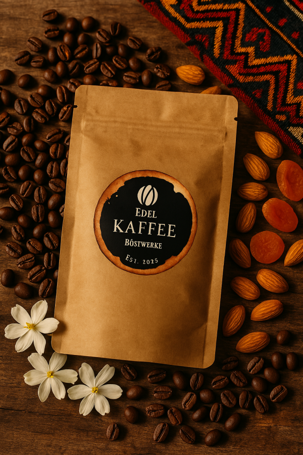 Kraftpapier-Kaffeebeutel von Edel Kaffee Röstwerke mit schwarzem Rundlogo „Est. 2025“, umgeben von Kaffeebohnen, Mandeln, getrockneten Aprikosen und weißen Blüten auf rustikalem Holztisch mit traditionellem Textil im Hintergrund.