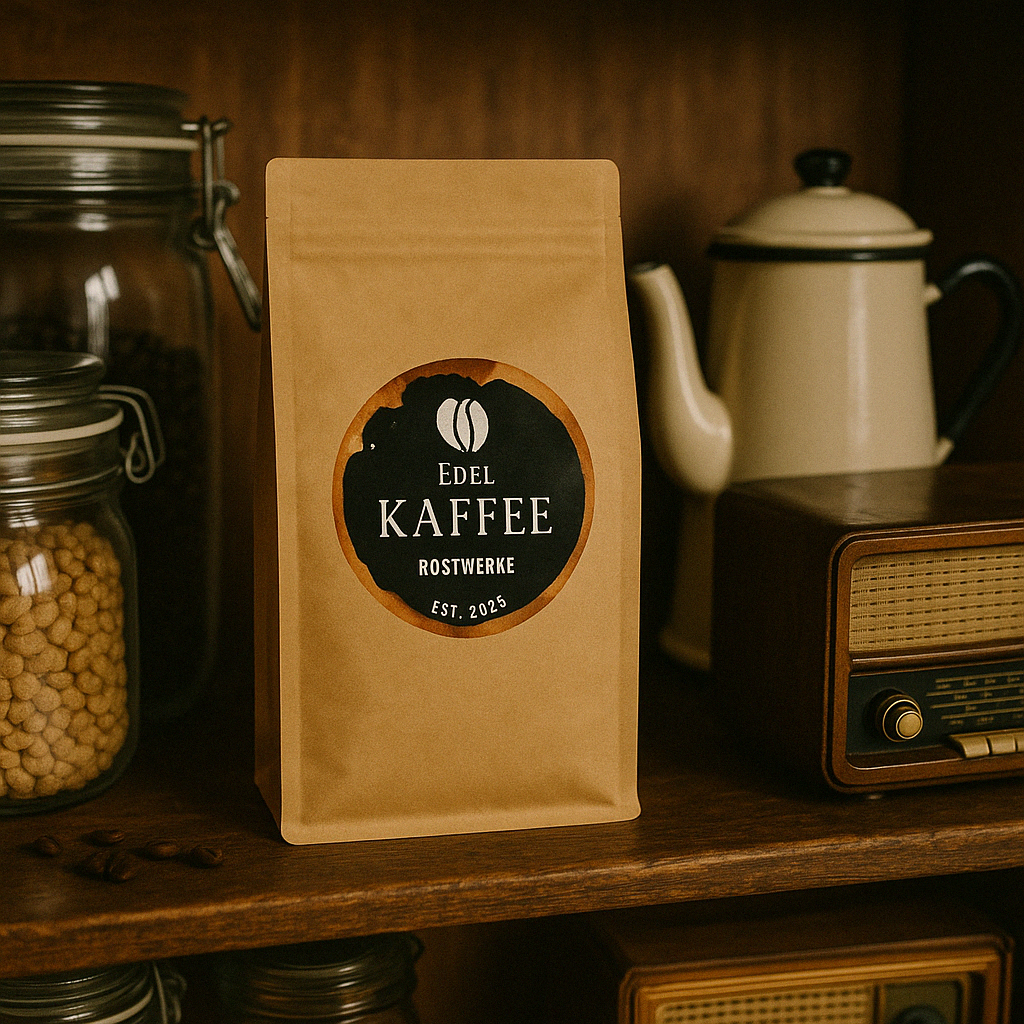 Edel Kaffee Röstwerke Kaffeepackung auf Holzregal, umgeben von Retro-Radio, Keramikkanne und Vorratsgläsern, im nostalgischen Vintage-Stil.