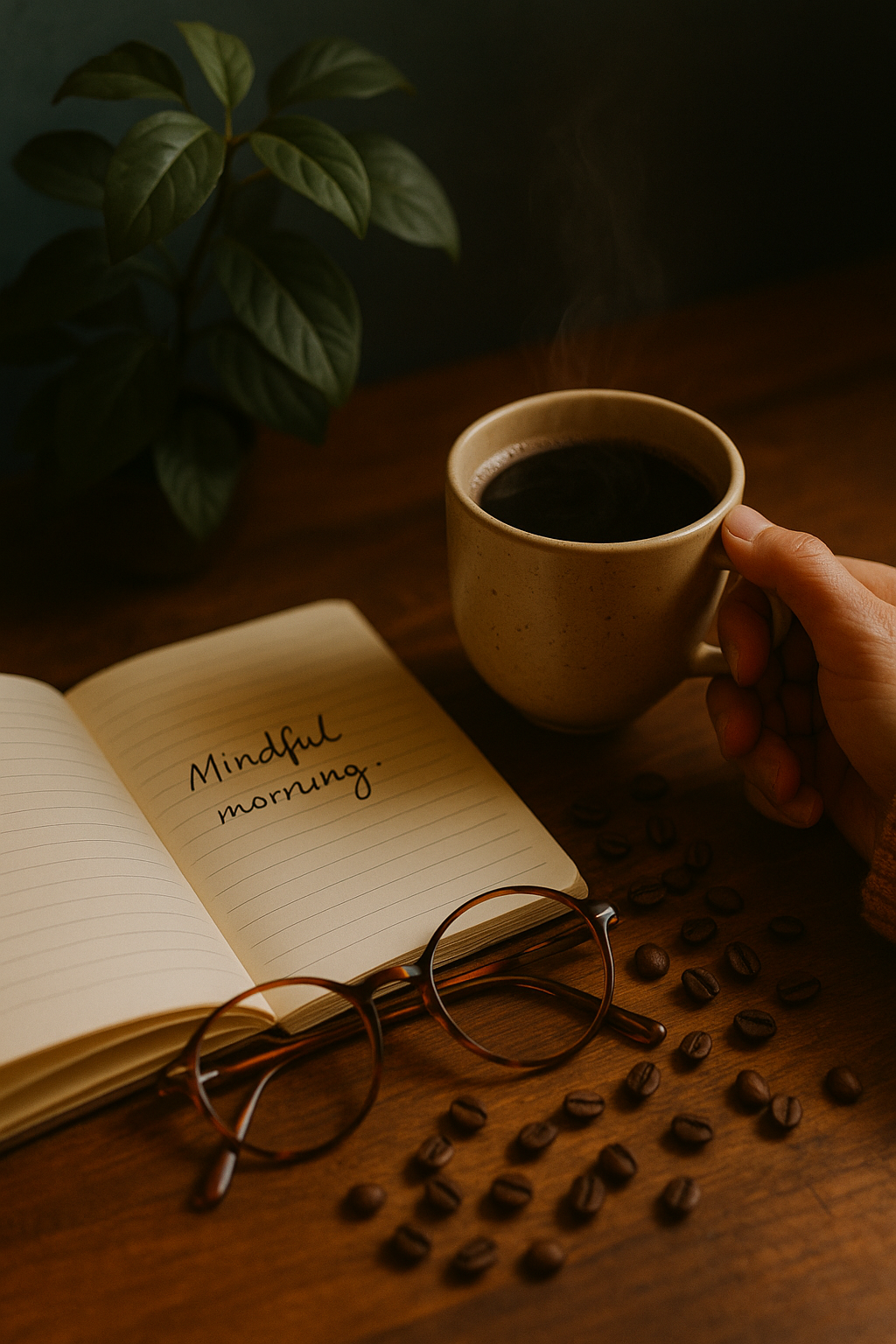 Eine Hand hält eine dampfende Kaffeetasse auf einem Holztisch, daneben liegen Kaffeebohnen, eine Brille und ein offenes Notizbuch mit der Aufschrift „Mindful morning“.