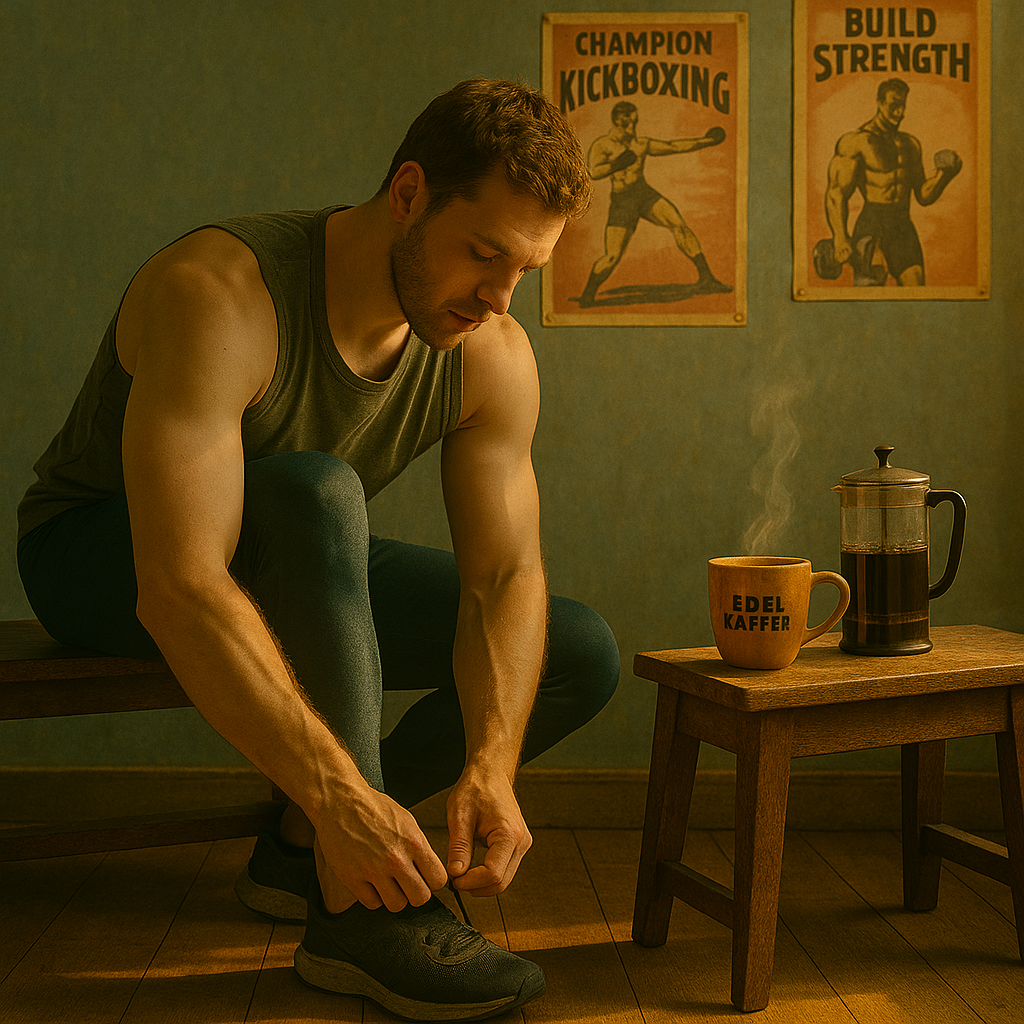 Ein durchtrainierter Mann bindet im Vintage-Homegym seine Sportschuhe, während eine dampfende Tasse Kaffee mit „Edel Kaffee“-Aufschrift neben einer French Press auf einem Holzhocker steht – Training beginnt mit Kaffeeritual.