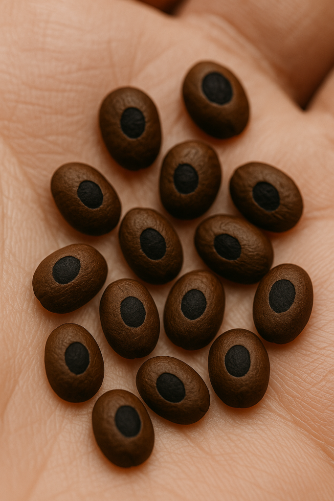 Nahaufnahme von mittelbraunen Kaffeebohnen auf einer Handfläche, bei denen kleine Stücke der Oberfläche unregelmäßig abgeplatzt sind – typisches Anzeichen für Chipping durch thermische oder mechanische Belastung während des Röstens. Kaffeeröster