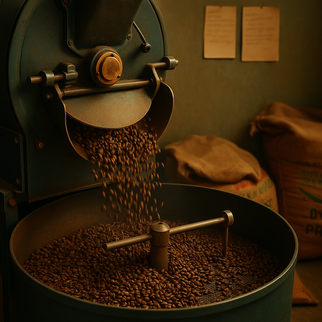Frisch geröstete Kaffeebohnen fallen aus einem klassischen Trommelröster mit Patina in eine Kühlwanne. Im Hintergrund stehen Jutesäcke und handgeschriebene Notizen an der Wand – ein warmer, nostalgischer Moment der handwerklichen Kaffeekunst.