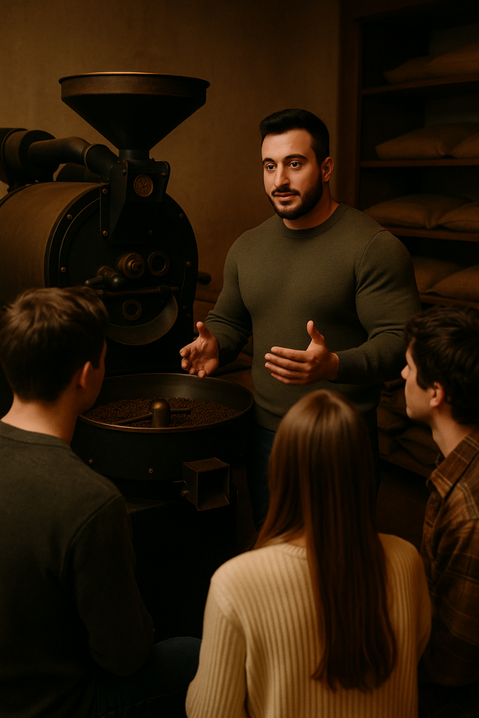  In einer atmosphärischen Spezialitäten Kaffee Röstung Kaffeerösterei steht ein muskulöser Röster vor einem Trommelröster und erklärt leidenschaftlich den Röstprozess. Um ihn herum sitzen wissbegierige Teilnehmer, während Jutesäcke, warme Farben und sanftes Licht die Szene umrahmen.