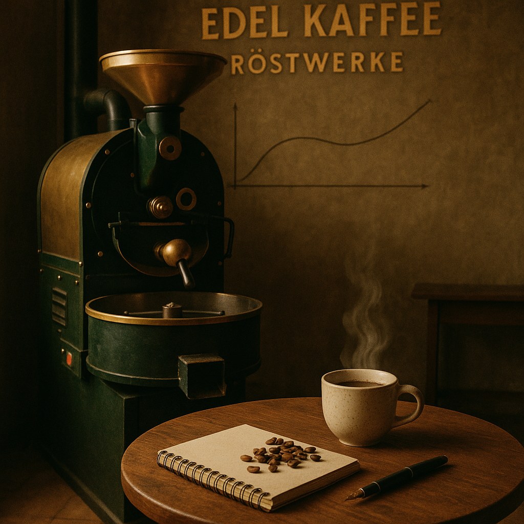 A vintage-inspired photograph of a specialty coffee roastery. In the background, a classic green drum coffee roaster with brass details stands against a textured brown wall, with a faint roasting curve sketched behind it. In the foreground, separated by empty space, a round wooden table holds a steaming ceramic coffee cup, a spiral notebook with scattered roasted coffee beans, and a fountain pen. The lighting is warm and soft, evoking a nostalgic, cinematic mood in earthy green and brown tones.