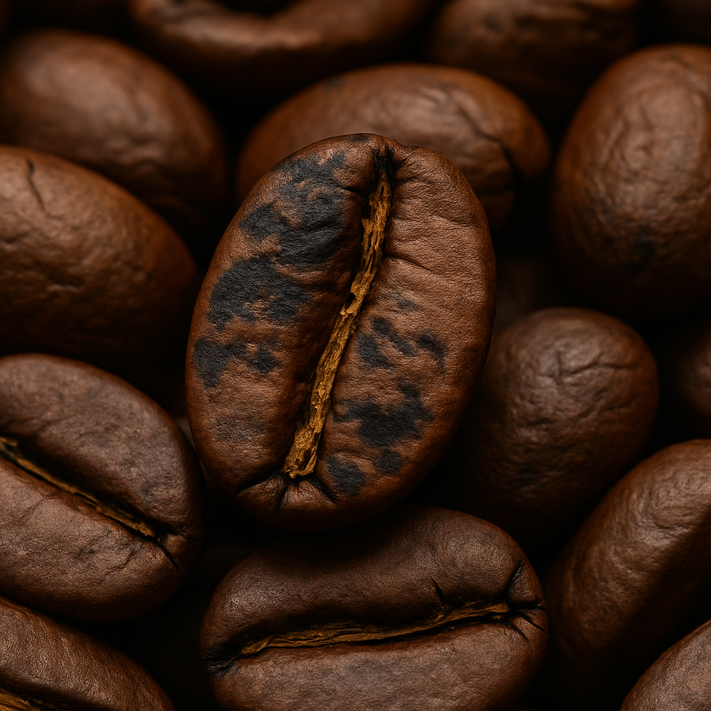 Detailfoto einer gerösteten Kaffeebohne mit sichtbarem Scorching: Unregelmäßige schwarze Flecken auf der Oberfläche durch Überhitzung. Kaffeeröster