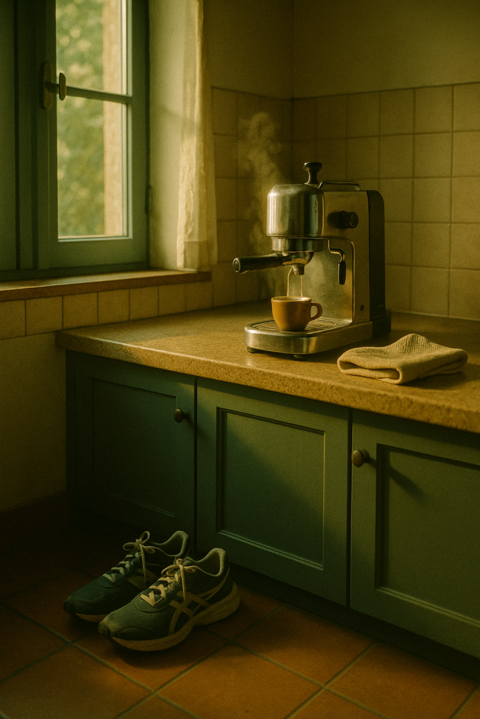 Eine Vintage-Espressomaschine brüht Kaffee auf einer sonnendurchfluteten Küchenzeile. Daneben stehen Laufschuhe auf einem Terrakottaboden – ein Symbol für den Einklang von Kaffee und Sport am Morgen.