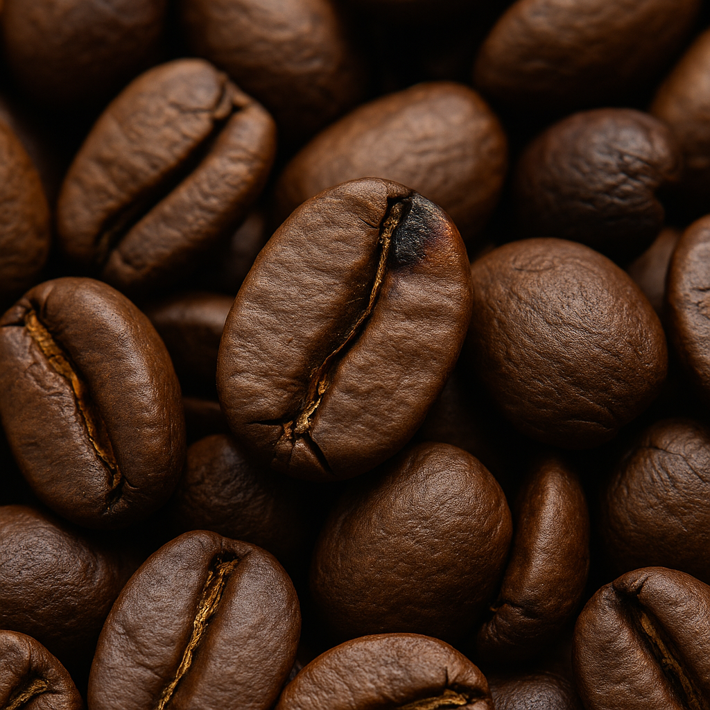 Kaffeeröster Nahaufnahme gerösteter Kaffeebohnen mit deutlichem Tipping: Eine Bohne zeigt eine dunkle, verbrannte Spitze als Folge zu hoher Anfangshitze. Kaffeeröster