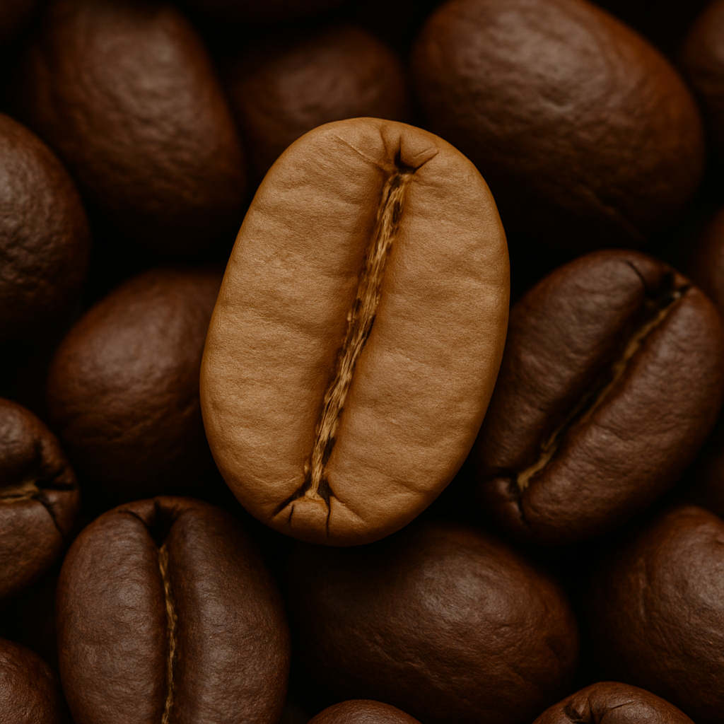 Helle, leicht beige Kaffeebohne mit rauer Naht – typischer Hinweis auf eine unterentwickelte Röstung mit unausgereifter Maillard-Reaktion. Kaffeeröster