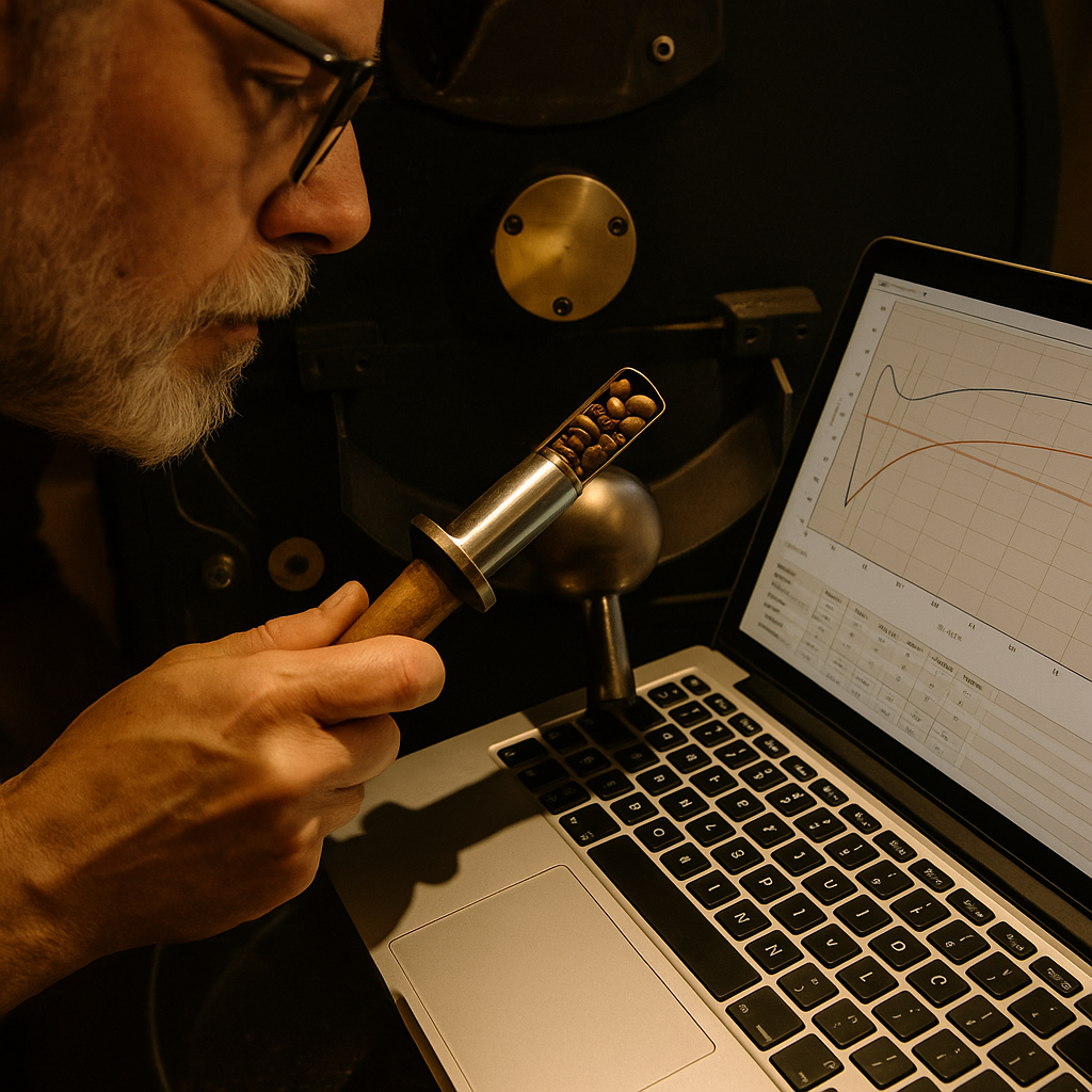 Kaffeeröster analysiert geröstete Bohnen mithilfe einer Probe und eines Laptops mit Röstkurvendiagramm – Fokus auf Präzision im Röstprofil.