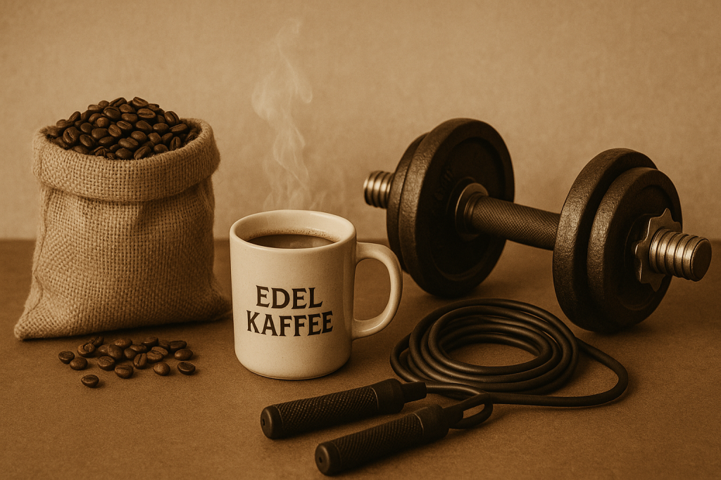 Ein nostalgisches Sepia-Stillleben zeigt eine Tasse mit "Edel Kaffee"-Schriftzug, einen Jutesack voller gerösteter Kaffeebohnen, eine Hantel und ein Springseil – eine harmonische Verbindung von Krafttraining und handwerklichem Kaffeegenuss.