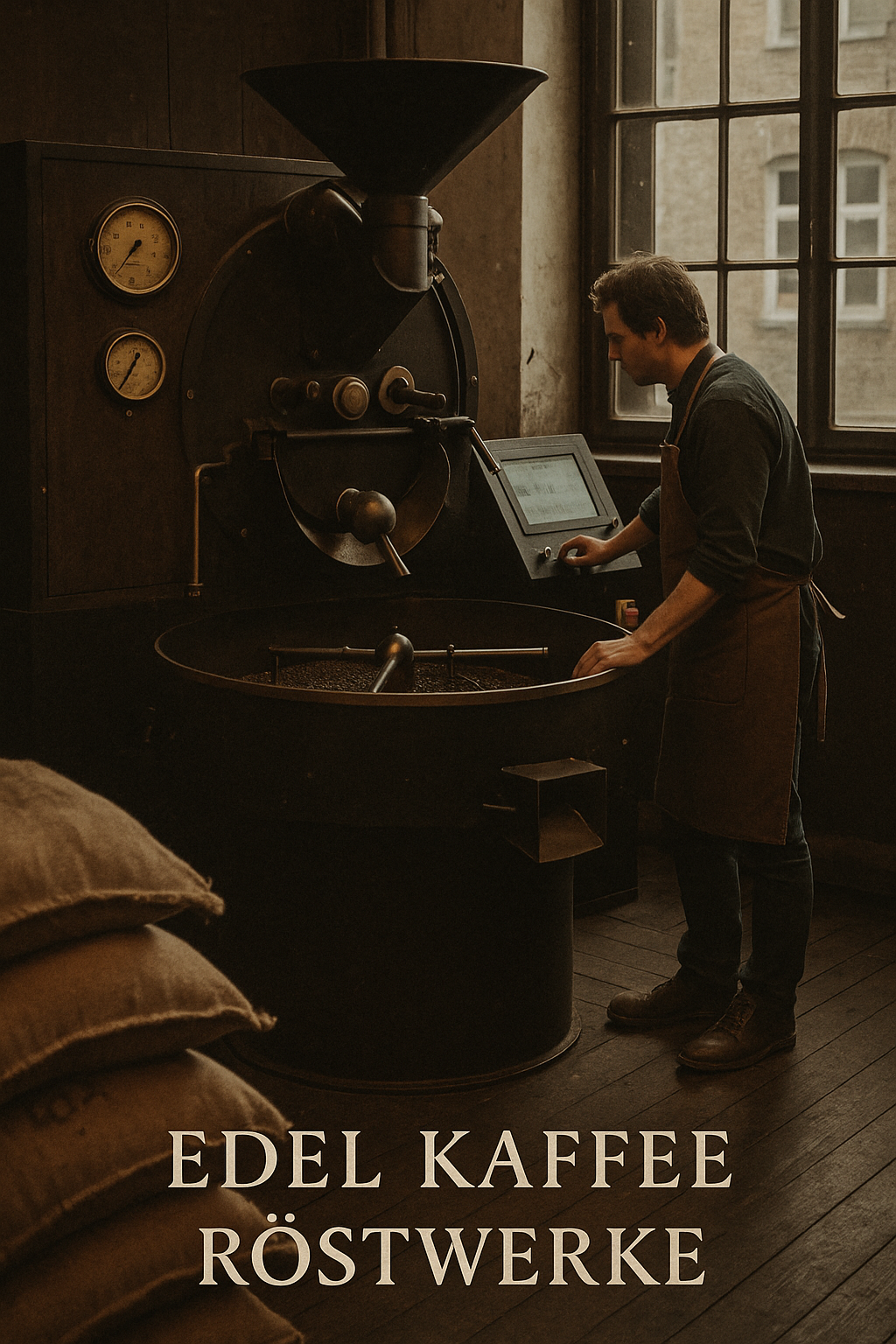 Foto eines Rösters bei der Arbeit an einer traditionellen Trommelröstmaschine in der Rösterei von Edel Kaffee Röstwerke – mit Jutesäcken, Holzfußboden und analogem Industrie-Charme.